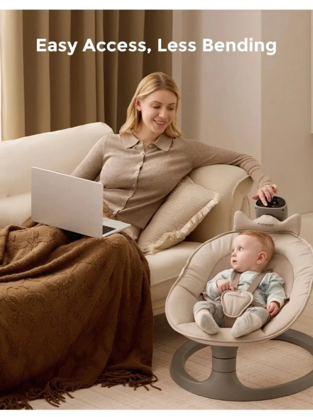 Momcozy 2-in-1 Electric Baby Swing & Toddler Seat, Adjustable Height, Khaki, New